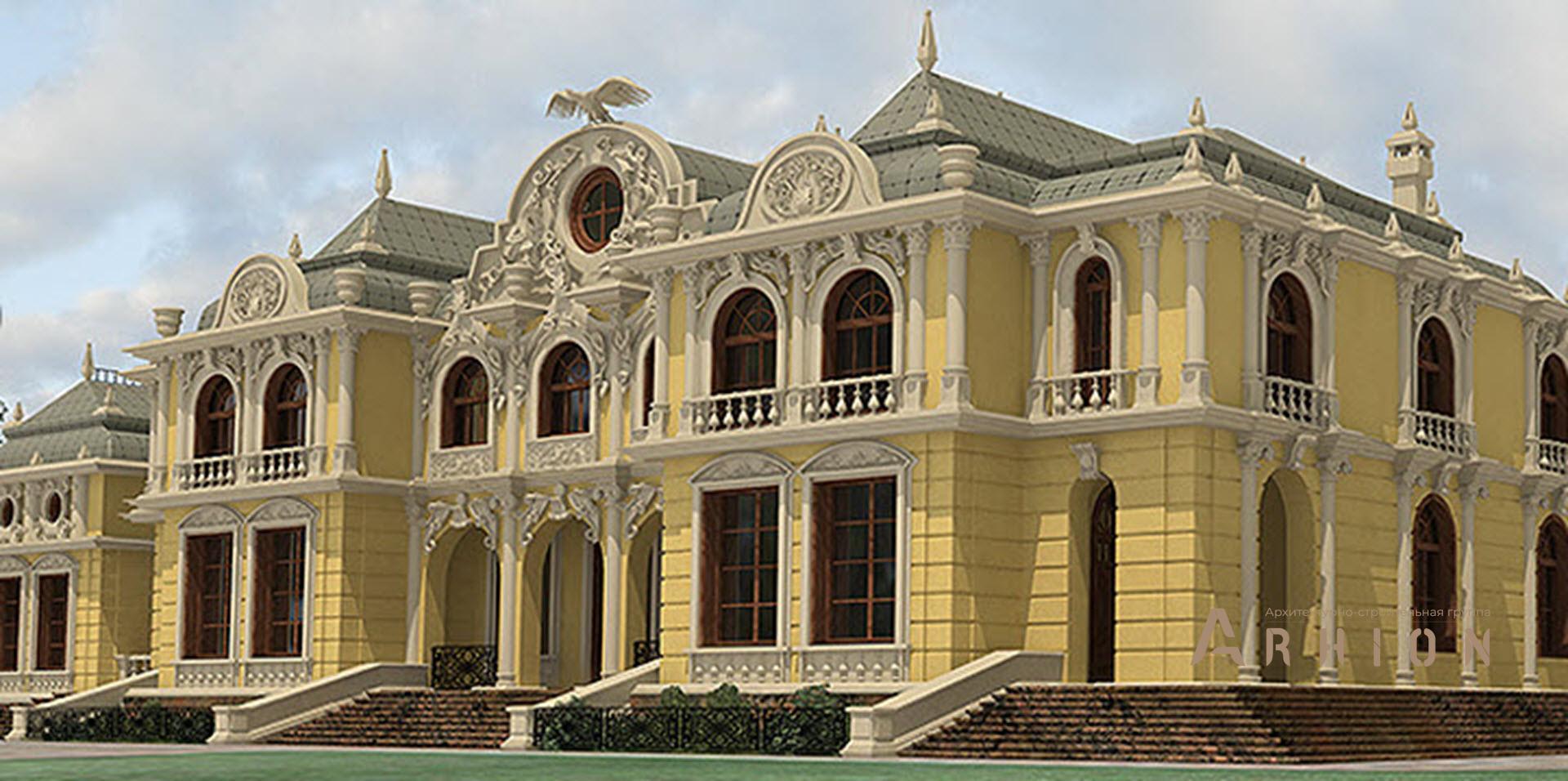 3. Проект двухэтажного дома в стиле барокко с многоскатной кровлей, SOV-19, площадью - 1896 кв c цокольным этажом, сауной, бассейном, эркером, вторым светом